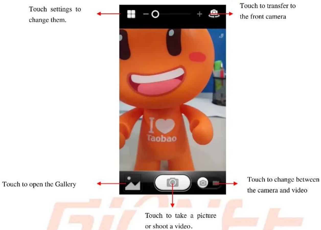 Touch settings to change them. Touch to transfer to the front camera Touch to open the Gallery Touch to change between the camera and video Touch to take a picture or shoot a video.