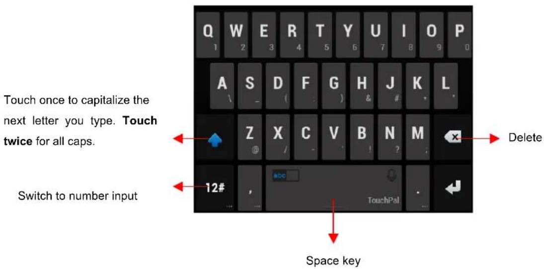 Q W E R T Y U I O P 1 2 3 4 5 6 7 8 9 0 A S D F G H J K L Z X C V B N M Delete @ / - ! ? Switch to number input 12# Touch once to capitalize the next letter you type. Touch twice for all caps. Space key