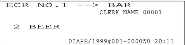ECR NO.1 --> BAR CLERK NAME 00001 2 BEER 03APR/1999#001-000050 20:11