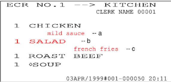 ECR NO.1 --> KITCHEN CLERK NAME 00001 1 CHICKEN mild sauce --a 1 SALAD --b french fries --c 1 ROAST BEEF 1 ◊SOUP 03APR/1999#001-000050 20:11