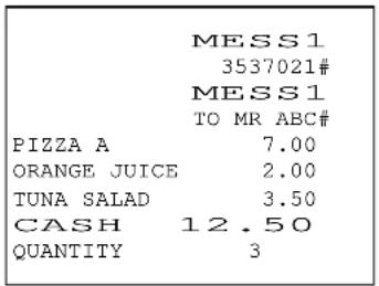 MESS1 3537021# MESS1 TO MR ABC# PIZZA A 7.00 ORANGE JUICE 2.00 TUNA SALAD 3.50 CASH 12.50 QUANTITY 3