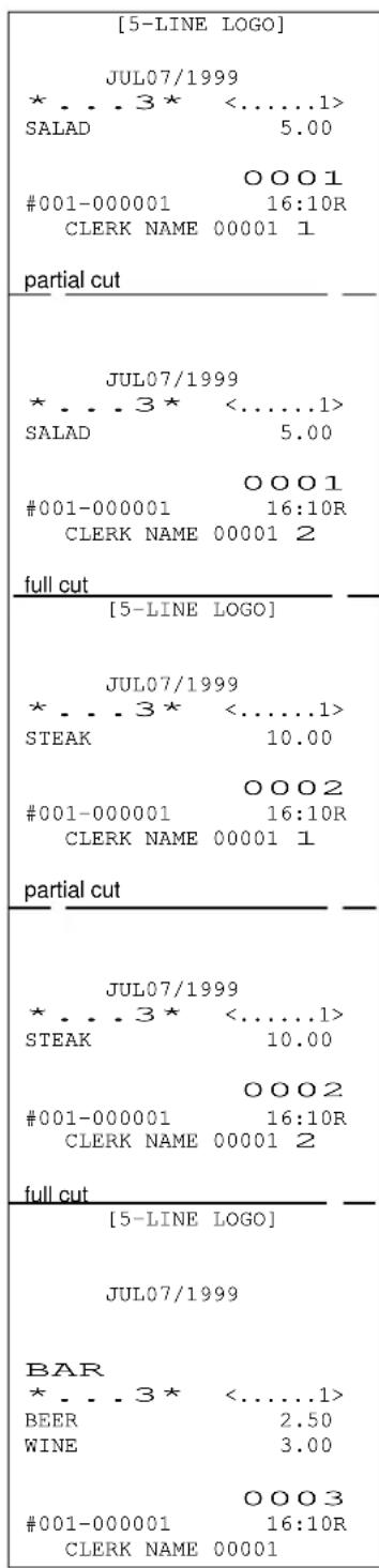 [5-LINE LOGO] JUL07/1999 *...3* <......1> SALAD 5.00 OOO1 #001-000001 16:10R CLERK NAME 00001 1 partial cut JUL07/1999 *...3* <......1> SALAD 5.00 OOO1 #001-000001 16:10R CLERK NAME 00001 2 full cut [5-LINE LOGO] JUL07/1999 *...3* <......1> STEAK 10.00 OOO2 #001-000001 16:10R CLERK NAME 00001 1 partial cut JUL07/1999 *...3* <......1> STEAK 10.00 OOO2 #001-000001 16:10R CLERK NAME 00001 2 full cut [5-LINE LOGO] JUL07/1999 BAR *...3* <......1> BEER 2.50 WINE 3.00 OOO3 #001-000001 16:10R CLERK NAME 00001