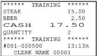 ******* TRAINING ******* STEAK 15.00 BEER 2.50 CASH 17.50 QUANTITY 2 ******* TRAINING ******* #001-000500 13:13R CLERK NAME 00001