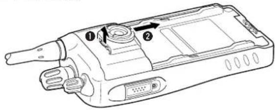 Technical diagram of a walkie-talkie device with labeled parts and directional arrows indicating movement or flow.