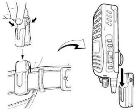 Technical diagram showing hand positioning and assembly steps of a device with labeled parts and directional arrows