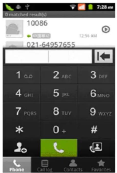 0 matched result(s) 10086 中国邮政 12:56 AM 021-64957655 1 QD 2 ABC 3 DEF 4 GHI 5 JKL 6 MNO 7 PQRS 8 TUY 9 WXYZ * 0 + # Phone Call log Contacts Favorites
