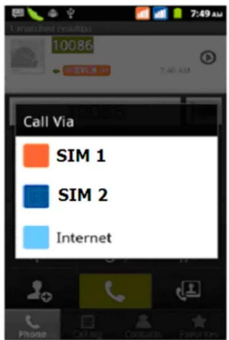 1-matched results(s) 10086 7:40 AM Call Via SIM 1 SIM 2 Internet