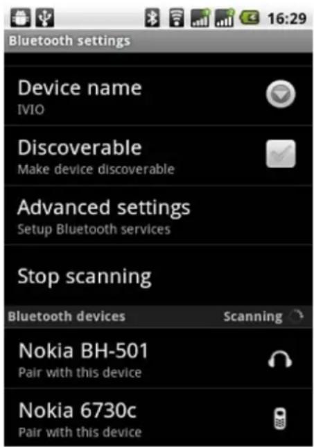 Bluetooth settings Device name IVIO Discoverable Make device discoverable Advanced settings Setup Bluetooth services Stop scanning Bluetooth devices Scanning Nokia BH-501 Pair with this device Nokia 6730c Pair with this device