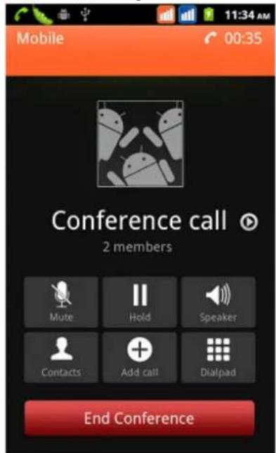 Mobile 00:35 Conference call 2 members Mute Hold Speaker Contacts Add call Dialpad End Conference