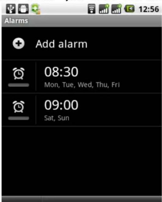 Alarms Add alarm 08:30 Mon, Tue, Wed, Thu, Fri 09:00 Sat, Sun
