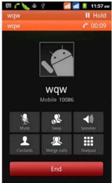 wqw Hold wqw 00:09 wqw Mobile 10086 Mute Swap Speaker Contacts Merge calls Dialpad End