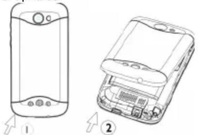 Diagram showing two views of a smartphone battery casing with labeled components and directional arrows indicating assembly or installation.