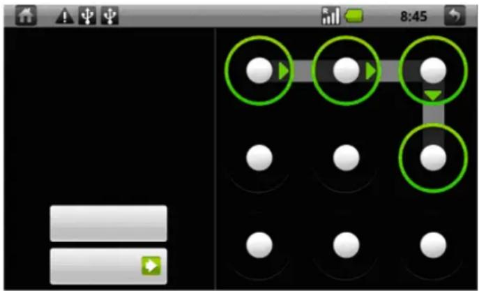 Screenshot of a mobile app interface showing a grid of white dots with green circular annotations highlighting specific positions.