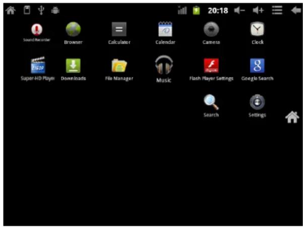 Sound Recorder Browser Calculator Calendar Camera Clock Super-HD Player Downloads File Manager Music Flash Player Settings Google Search Search Settings