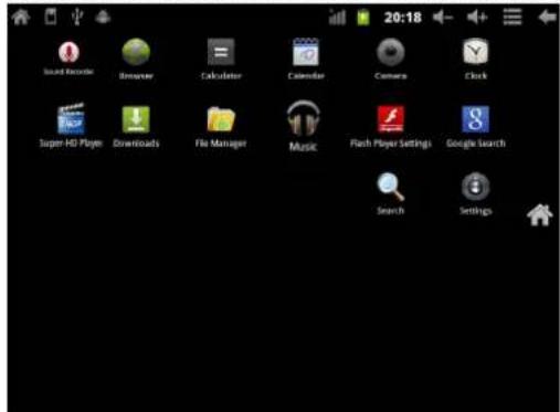 20:18 Sound Recorder Brainger Calculator Calendar Camera Clock Super HD Player Downloads File Manager Music Flash Player Settings Google Search Search Settings