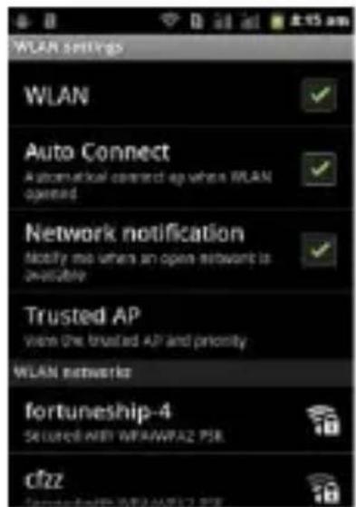 WLAN settings WLAN Auto Connect Automotive connect up when WLAN opened Network notification Notify me when an open network is available Trusted AP With the trusted AP and priority WLAN networks fortuneship-4 SECURED WITH WPAWFAZ PSE cfzz