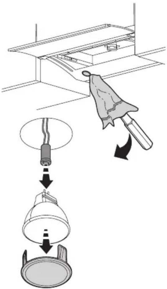 Diagram illustrating a lighting fixture installation procedure, showing a lamp, lamp, and lamp with directional arrows indicating motion.