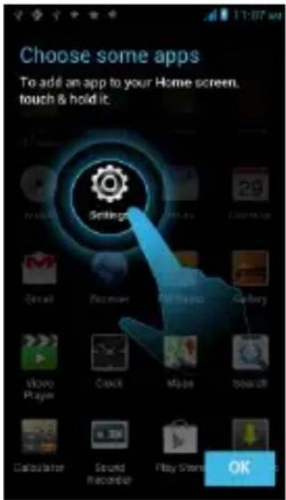 Choose some apps To add an app to your Home screen, touch & hold it. Settings OK