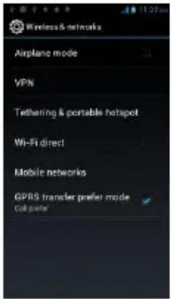 Wireless & networks Airplane mode VPN Tethering & portable hotspot Wi-Fi direct Mobile networks GPRS transfer prefer mode call power