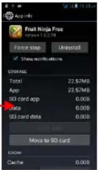 App info Fruit Ninja Free system 1.6.2.10 Force stop Urinstall Show notifications STORAGE Total 22.57MB App 22.57MB SD card app 0.00B Data 0.00B SD card data 0.00B Move to SD card Cache Cache 0.00B