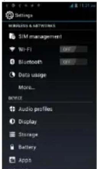 Settings MOBLES & NETWORKS SIM management Wi-Fi OFF Bluetooth OFF Data usage More... DEVICE Audio profiles Display Storage Battery Apps
