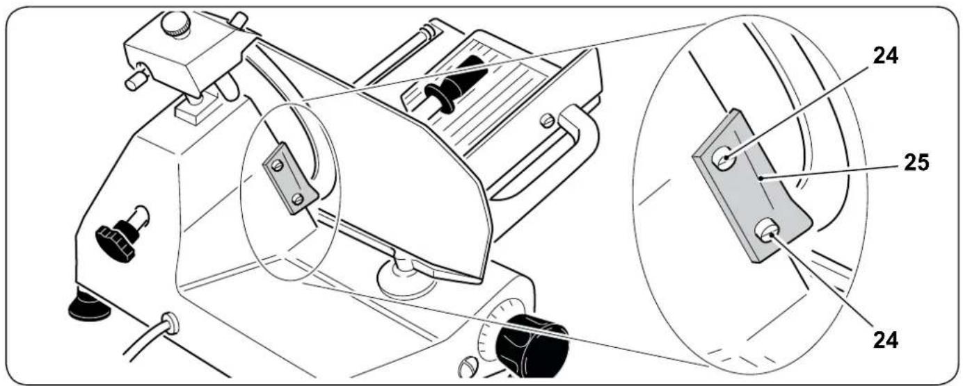 Technical diagram of a mechanical device with labeled parts 24, 25, and an inset showing a component.