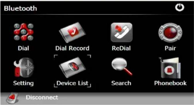 Bluetooth Dial Dial Record ReDial Pair Setting Device List Search Phonebook Disconnect