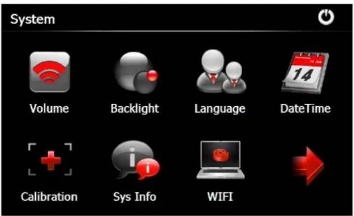 System Volume Backlight Language DateTime Calibration Sys Info WIFI