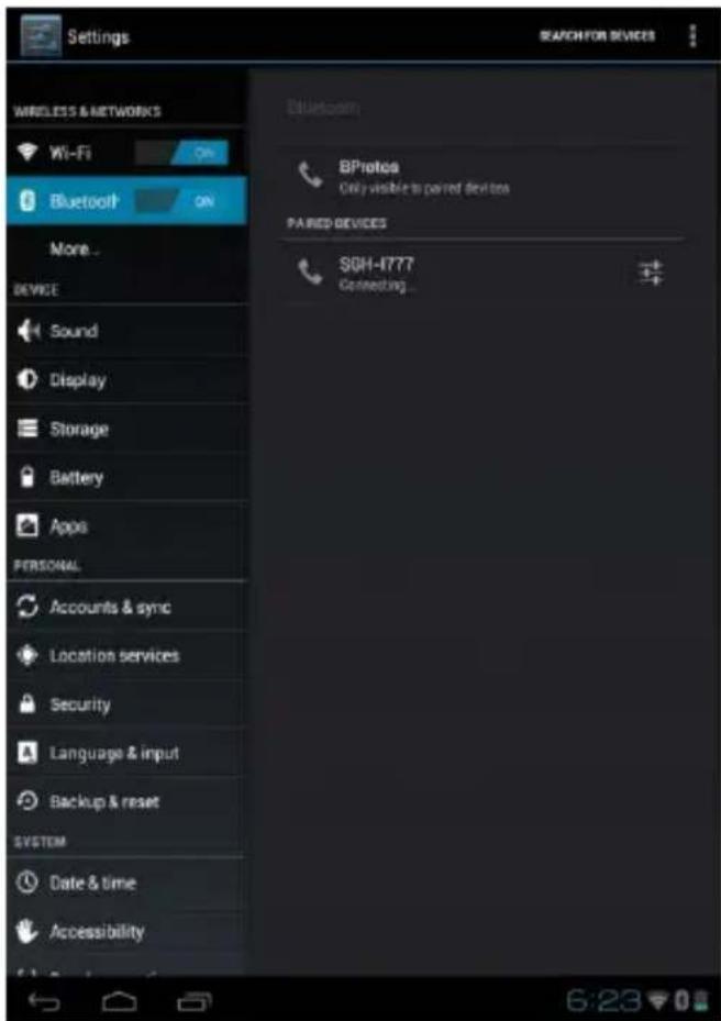 Settings WIRELESS & NETWORKS Wi-Fi Bluetooth More... DEVICE Sound Display Storage Battery Apps PERSONAL Accounts & sync Location services Security Language & input Backup & reset SYSTEM Date & time Accessibility BProtics Only visible to paired devices PAIRES DEVICES SDH-1777 Connecting... SEARCH FOR DEVICES 6:28