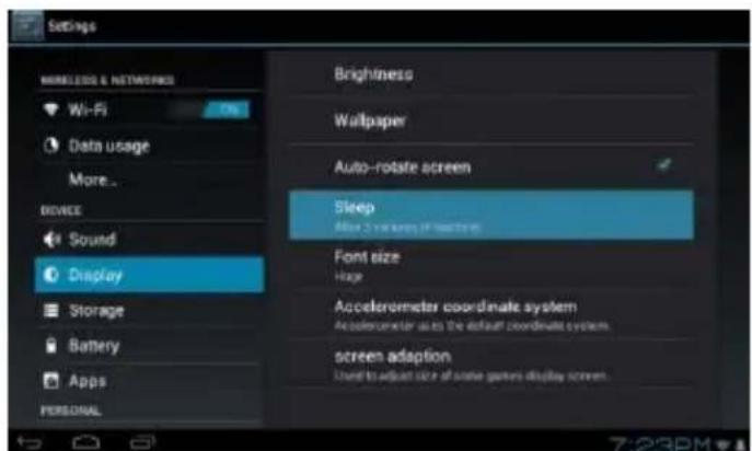 Settings MISCELLS & NETWORKS Wi-Fi Data usage More... DEVICE Sound Display Storage Battery Apps PERSONAL Brightness Wallpaper Auto-rotate screen Sleep After 2 seconds of watchbox Font size Huge Accelerometer coordinate system Accelerometer as to The default coordinate system. screen adaption Used to adjust size of some games display screen.
