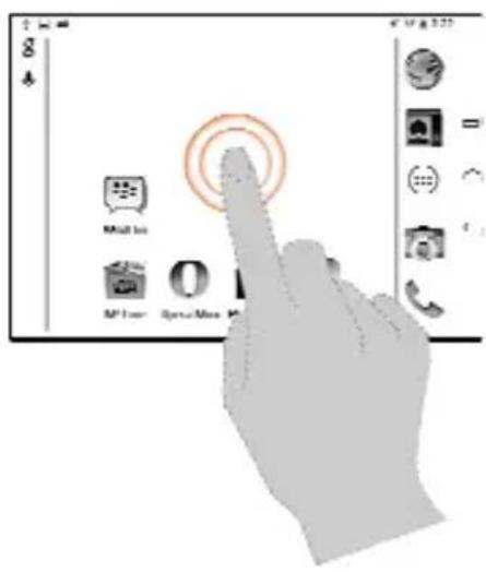 Hand interacting with a touchscreen device displaying app icons including Mail Info, MP Tour, Open/Miss, and others.