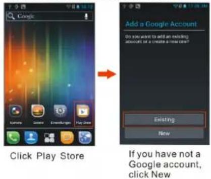 Google Click Play Store Add a Google Account Do you want to add an existing account or a create a new card? Existing New If you have not a Google account, click New