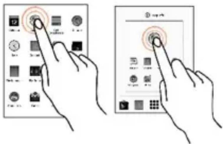 Illustration showing two hand gestures interacting with a tablet displaying app icons, one with a red circular button and the other with a red circle.