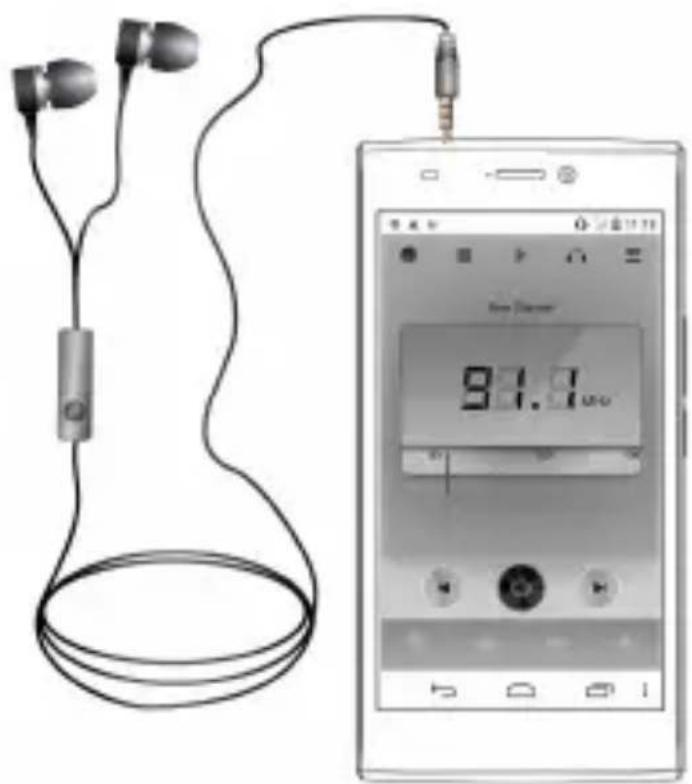 Diagram showing earphones connected to a smartphone displaying a digital display with time reading 9:1.7 u.u.
