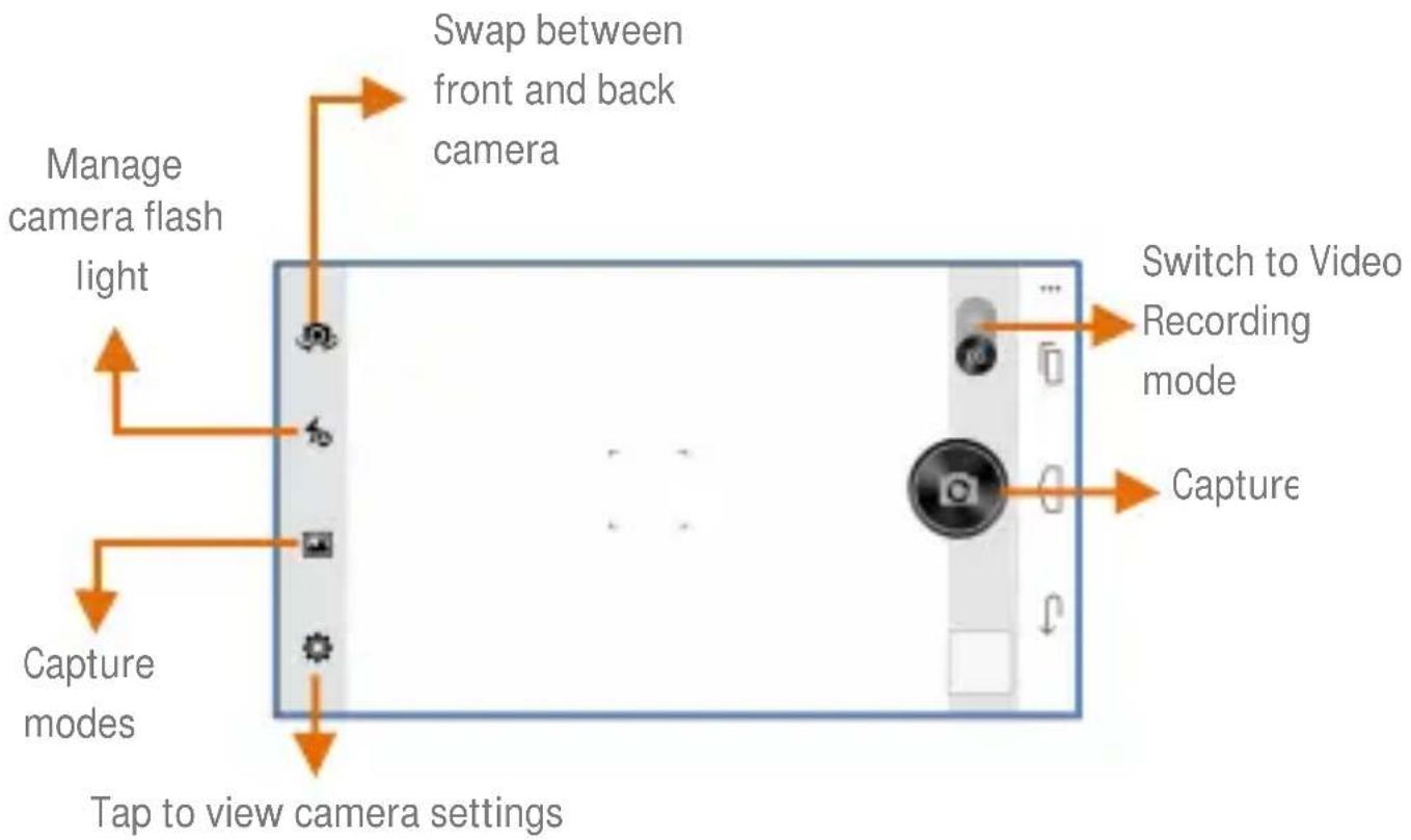 Swap between front and back camera Manage camera flash light Capture modes Tap to view camera settings Switch to Video Recording mode Capture