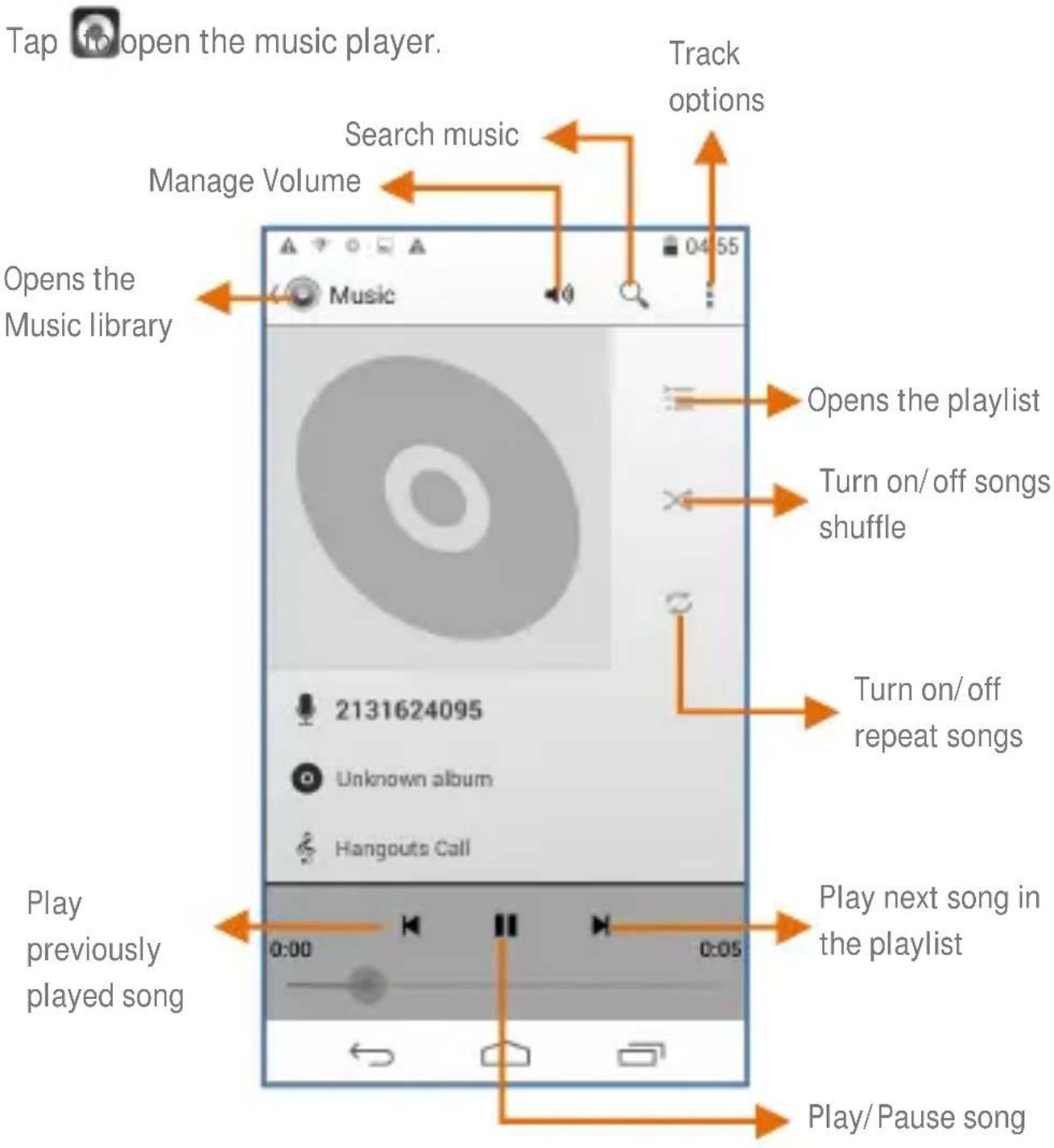 Tap to open the music player. Track options Search music Manage Volume Opens the Music library Music 2131624095 Unknown album Hangouts Call Open the playlist Turn on/off songs shuffle Turn on/off repeat songs Play previously played song Play next song in the playlist Play/Pause song