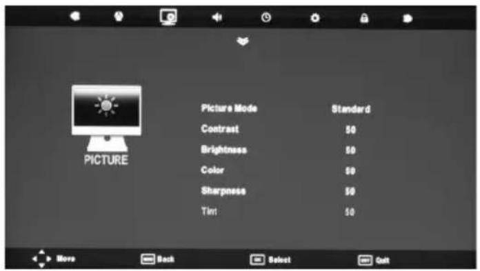 Picture Mode Contrast Brightness Color Sharpness Tint Standard 50 50 50 50 50 50