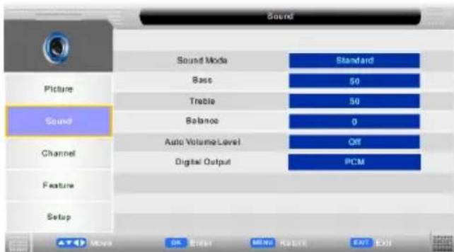 Sound Sound Mode Standard Bass 50 Treble 50 Balance 0 Auto Volume Level OFF Digital Output PCM Picture Sound Channel Feature Setup