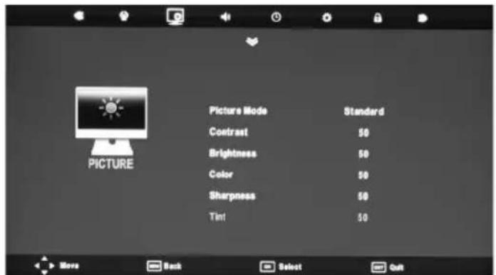 Picture Mode Standard Contrast 50 Brightness 50 Color 50 Sharpness 50 Tint 50