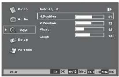 Video, Audio, VGA, Setup, Parental, Auto Adjust, H.Position 61, V.Position 52, Phase 18, Clock 145, VGA OK OK Select EXIT Exit MENU Back
