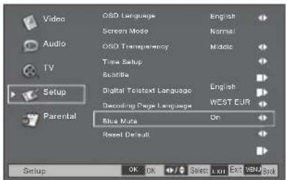 Video Audio TV Setup Parental OSD Language Screen Mode OSD Transparency Time Setup Subtitle Digital Text Language Decoding Page Language Blue Mute Reset Default English Normal Middle English WEST EUR On OK OK Select: 100% Exit WEN/Back