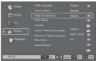 Video Audio TV Setup Parental O5D Language Screen Mode Normal O5D Transparency Middle Time Setup Subtle Digital Textile Language English Decoding Page Language WEST EUR Blue Note On Reset Default Setup OK OK Search LIST Exp 9.0% Link