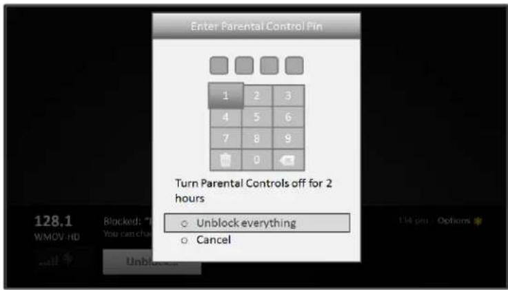 Enter Parental Control Pin 1 2 3 4 5 6 7 8 9 0 Turn Parental Controls off for 2 hours ○ Unblock everything ○ Cancel