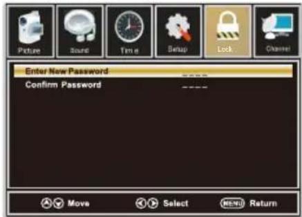 Picture Sound Time Setup Lock Channel Enter New Password Confirm Password Move Select MENU Return