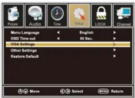 Picture Audio Time Setup LOCK Channel Menu Language English OSD Time out 60 Sec. VGA Settings Other Settings Restore Default Move Select MENU Return