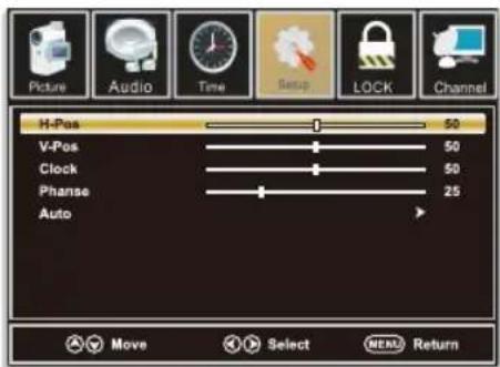 Picture Audio Time Setup LOCK Channel H-Pos 50 V-Pos 50 Clock 50 Phanse 25 Auto Move Select MENU Return