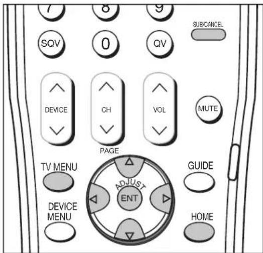 7 8 9 SUB/CANCE. SQV 0 QV DEVICE CH VOL MUTE PAGE TV MENU ADJUST ENT GUIDE DEVICE MENU HOME