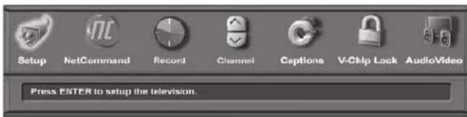 Setup NetCommand Record Channel Captions V-Chip Lock AudioVideo Press ENTER to setup the television.