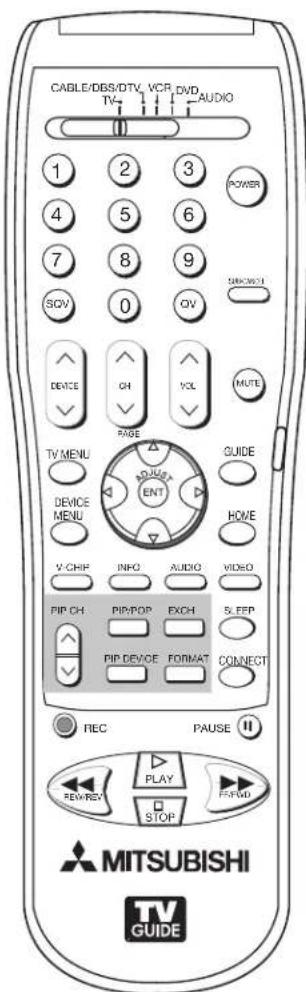 CABLE/DBS/DTV VCR DVD AUDIO TV 1 2 3 POWER 4 5 6 7 8 9 SOV 0 QV SMOKEE DEVICE ON YCL MUTE TV MENU PAGE GUIDE DEVICE ENT V-CHIF INFO AUDIO VIDEO PIP CH PIP/POP EXCH S.FEP PIP DEVICE FORMAT CONNECT REC PAUSE REVREV PLAY FND STOP MITSUBISHI TV GUIDE