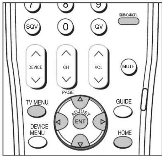 SQV 0 QV SUB/CANCE. DEVICE CH VOL MUTE PAGE TV MENU GUIDE DEVICE ENT HOME